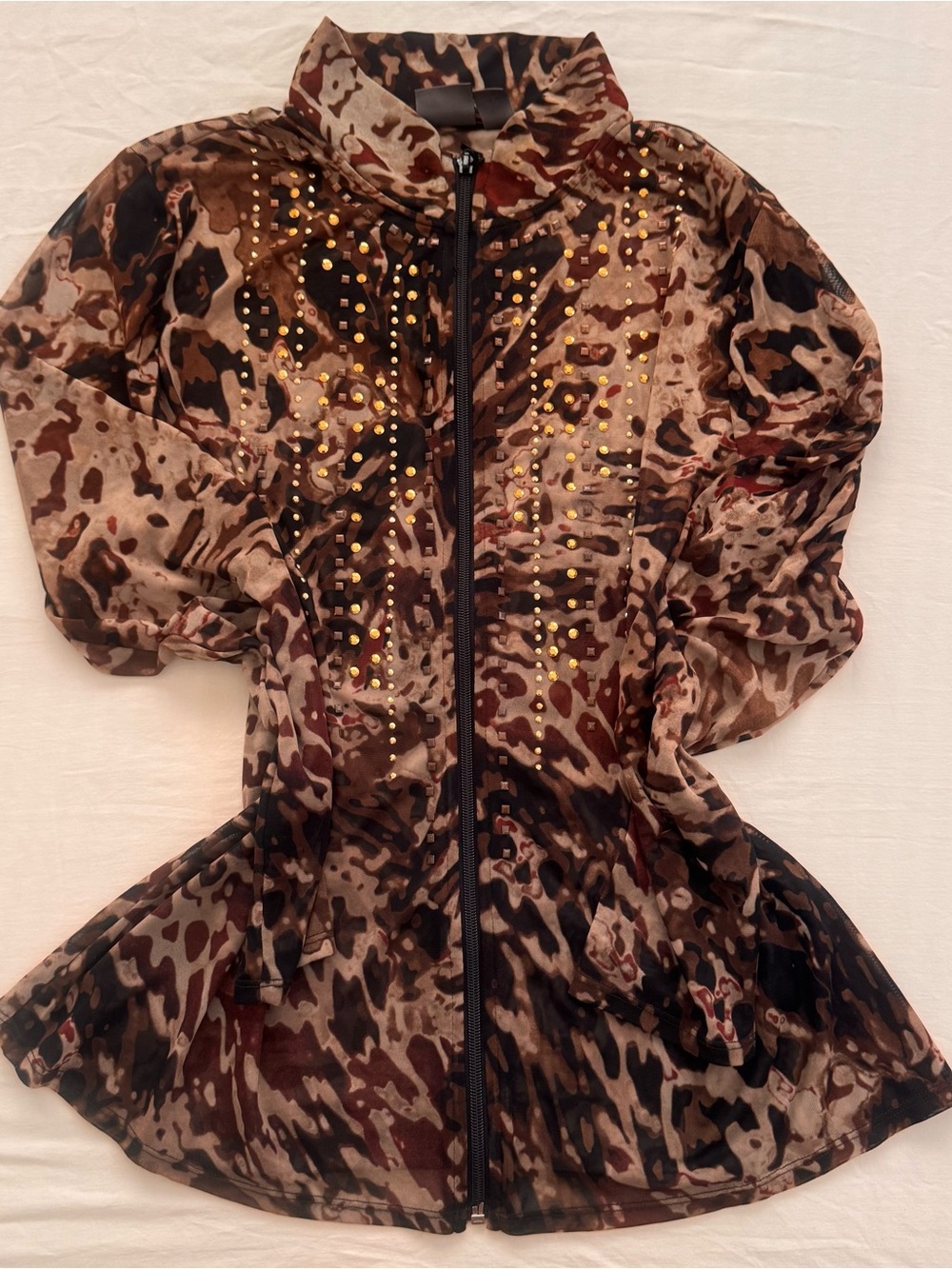 Y2k leopard mesh printed zip up top with stud detail